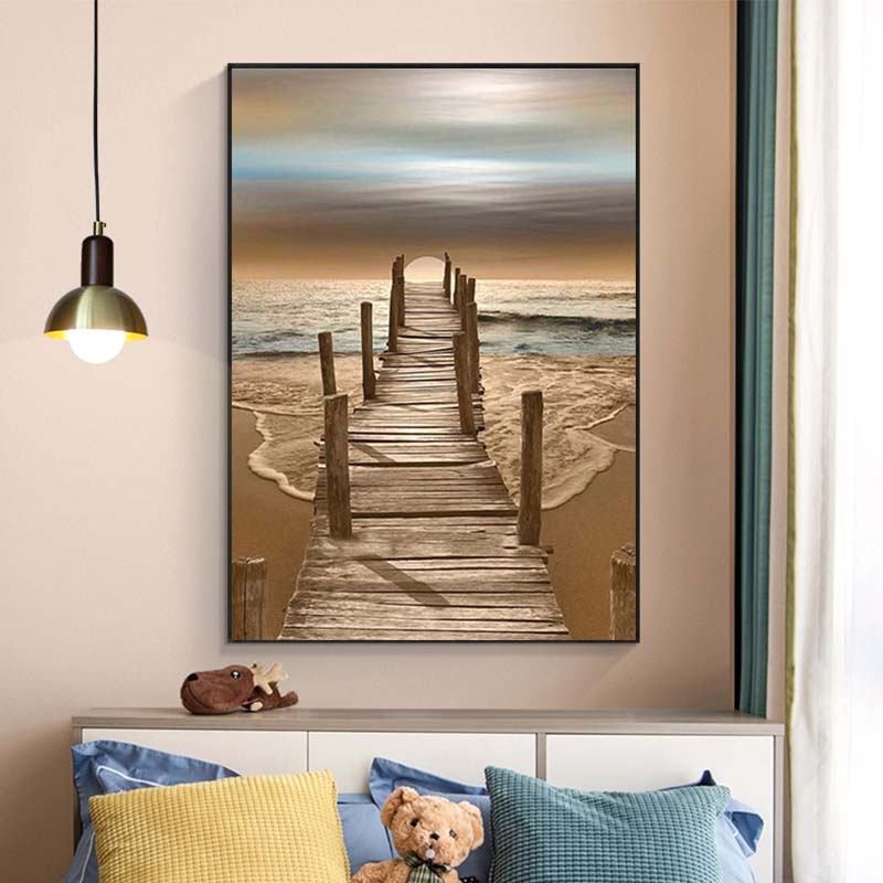 Pósteres y grabados de puentes de madera en la playa, pintura en lienzo de paisajes, imágenes artísticas de pared al atardecer para sala de estar, decoración moderna del hogar