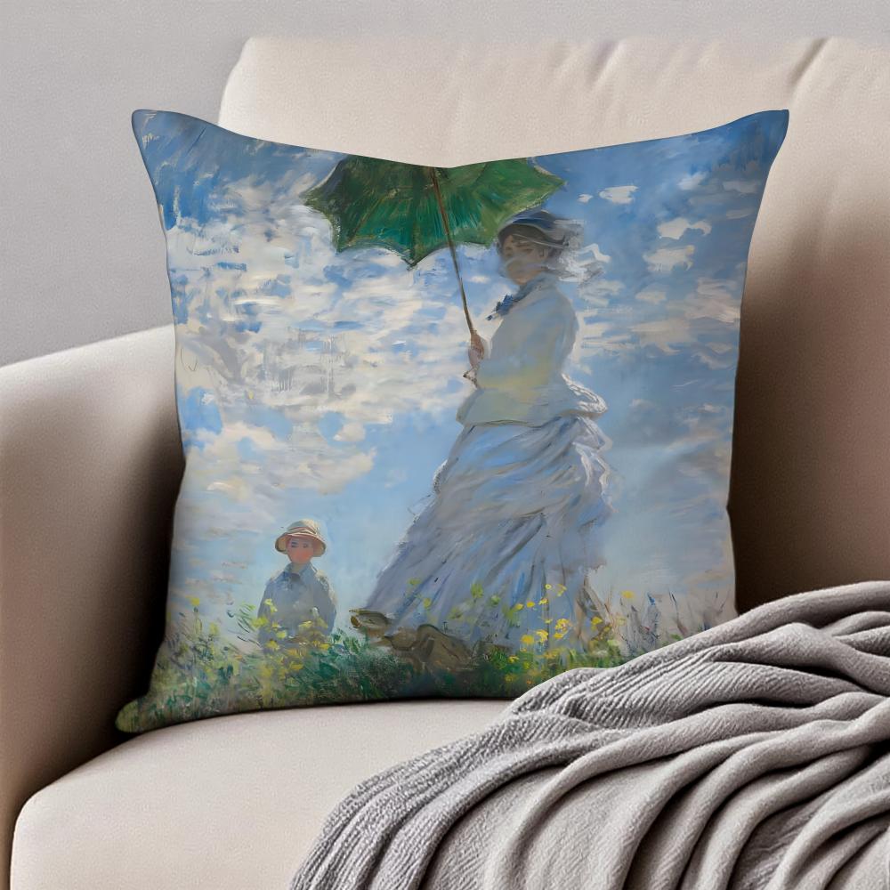 Famous Classic Oil painting Art CClaude Monet Cushion Cover Pillowcase Antidustmite Invisible Zipper Short Plush Sofa Cushion