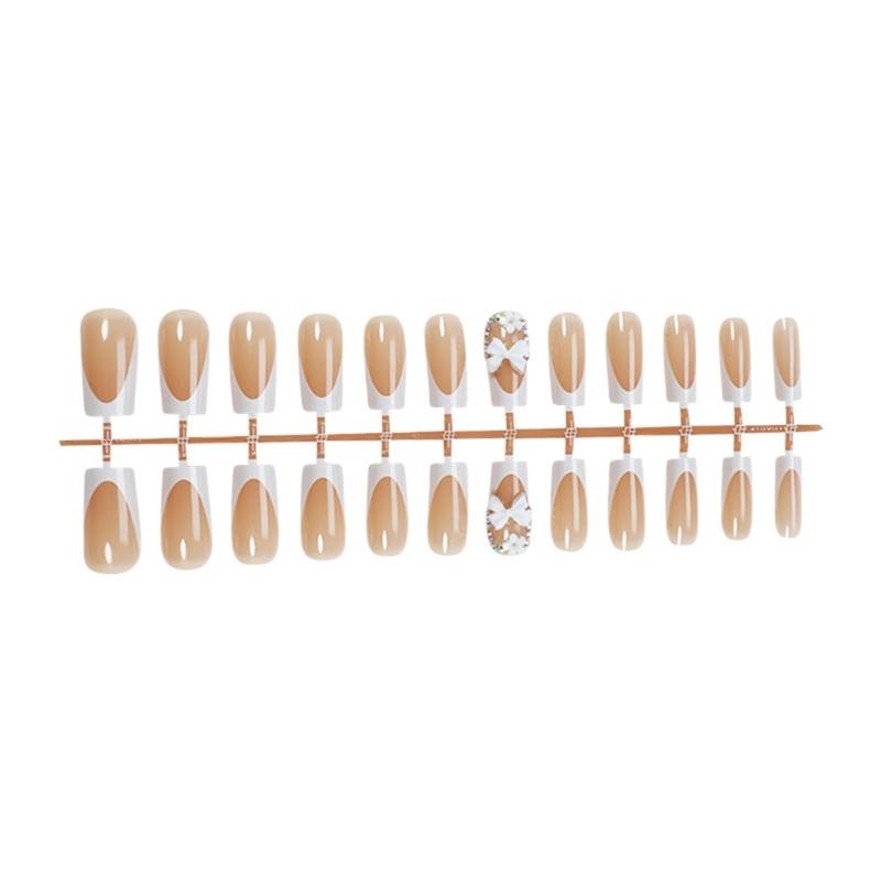 24Pcs Press on Nails Long False Nails White Bows French False Nails Stick on Nail For Parties Weddings And Daily Wear