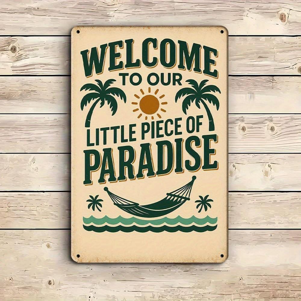 Vintage "Our Little Piece of Paradise" Metal Wall Sign, 8x12 Inch, Outdoor Decor