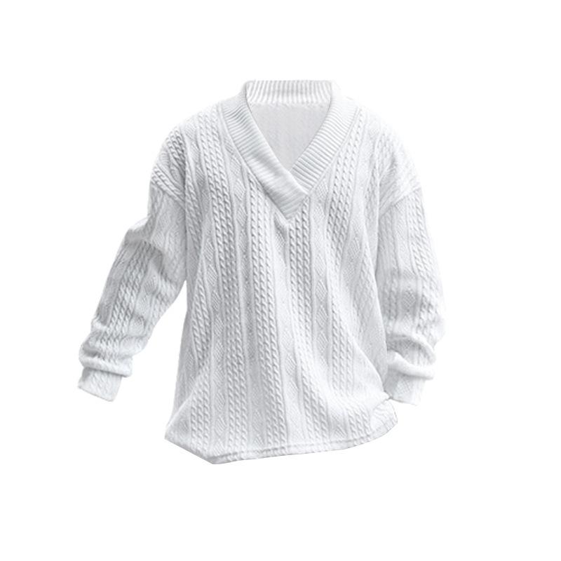 Men Casual Loose V Neck Long Sleeve Jacquard Knit Pullover Top
