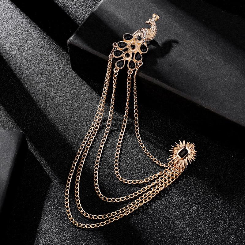 1PC Peacock Suit Accessories Chain Tassel Collar Pins Vintage Men Women Crystal Corsage Brooch Pin