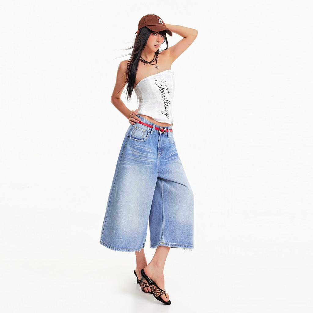 Pantaloni Capri in Denim Larghi Pieghettati Corti Estivi Vintage alla Moda per Donna Versatili Larghi Dritti Snellenti Casual Pantaloni Capri
