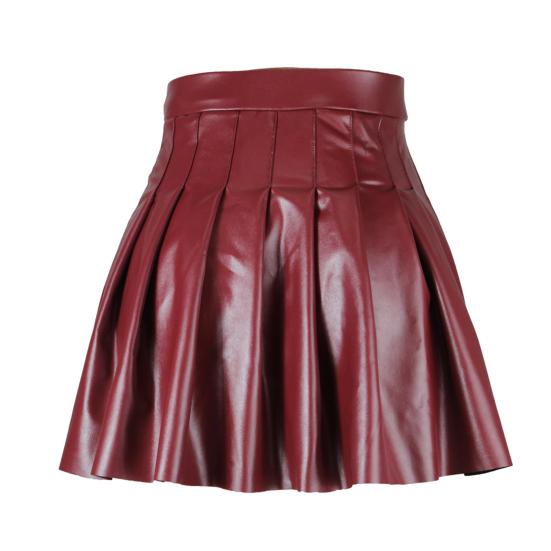 Women Pleated Skirt Faux Leather High Waist A-line Loose Hem Solid Color Clubwear Party Dance Skirt Above Knee Length Mini Skirt