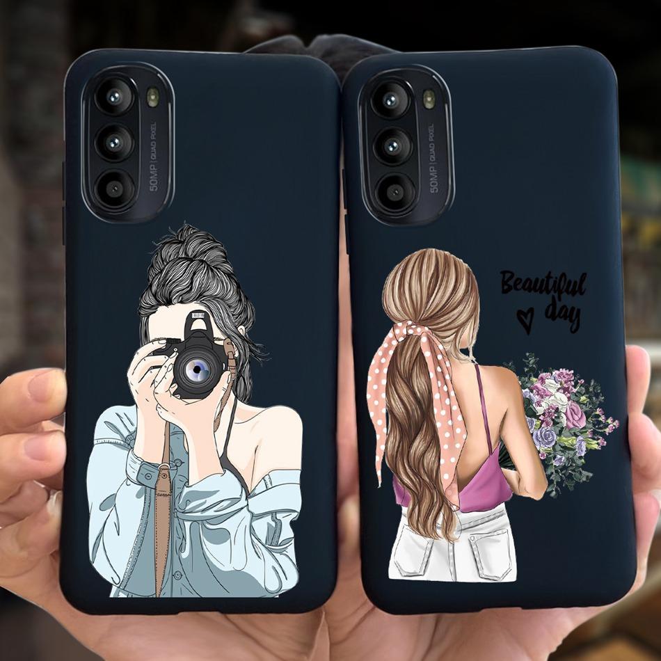 For Moto G52 Case G22 2022 Fashion Girl Flower Pattern Black Silicone Soft Phone Cover For Motorola Moto G52 G52 Cover G42 4G