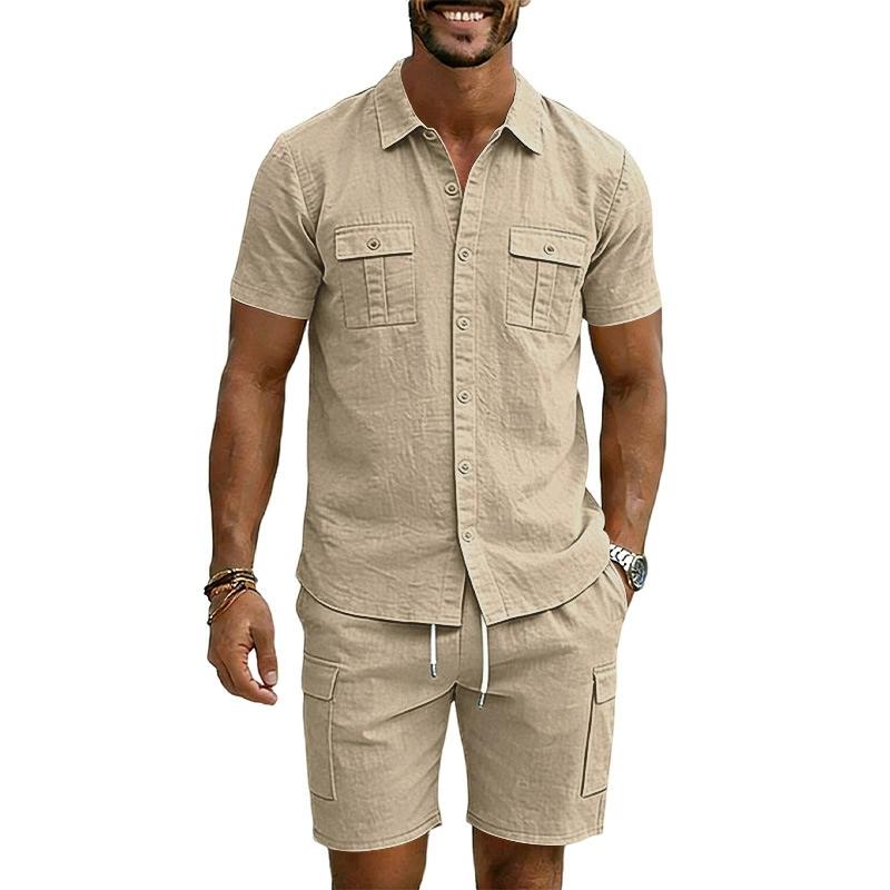Casual Solid Color Linen Two Piece Sets Mens 2026 Spring Summer Fashion Short Sleeve Shirts and Shorts Outfits Men Linen Suits