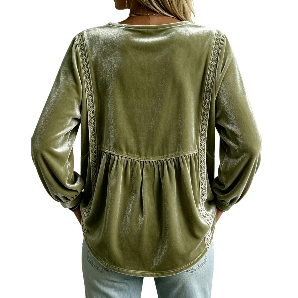Women's V-Neck Lace Long Sleeve Blouse - Color Loose Fit Top for Everyday Wear