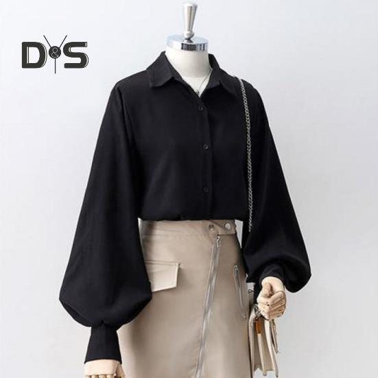 Women Shirt Lapel Lantern Long Sleeve Single Breasted Shirt Tops Solid Color Loose Fit Work Casual Daily Tops
