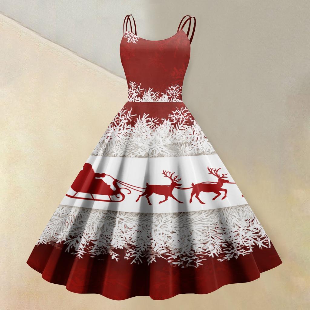 Women's Stylish Casual Sleeveless Round Neck Dress with Christmas Print for Holiday Party