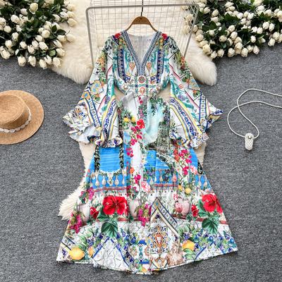 Άνοιξη Καλοκαίρι Γυναικείες Κομψές Σχεδιαστές με λαιμόκοψη V-λαιμόκοψη Φορέματα στάμπας για πασαρέλα Fashion Flare μανίκια Μακριά Maxi Holiday Beach Dresses