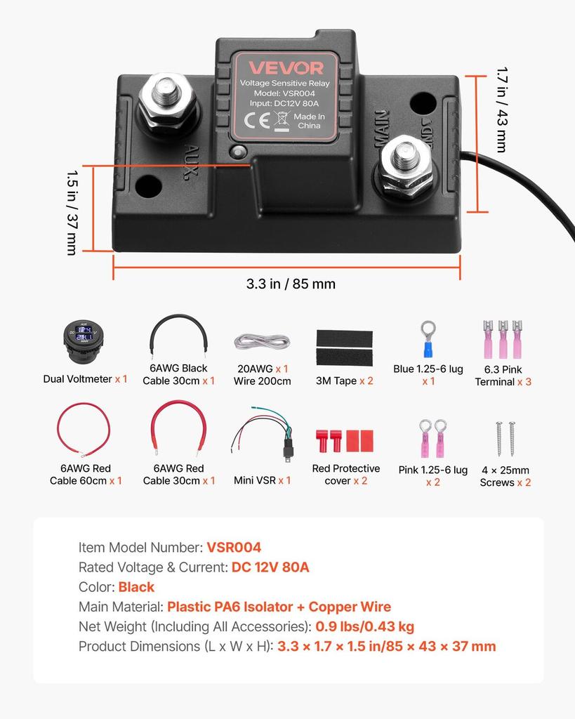 Dual Battery Isolator Kit, 12V 80 Amp, Manual and Automatic VSR Voltage Sensitive Relay with Voltmeter, LCD Screen, Smart Battery Isolator, Compatible
