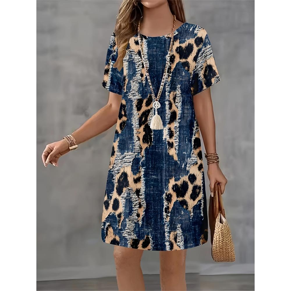 Women's Summer Short Seeved Round Neck Casual Mini Dress Vintage 3D Imitation Denim Printed Dress Elegant Women's Dress Vestidos