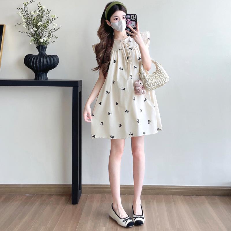 

Maternity Sleeveless Embroidered Bow Knot Dress - Summer Skirt for Petite Pregnancy M абрикосовый