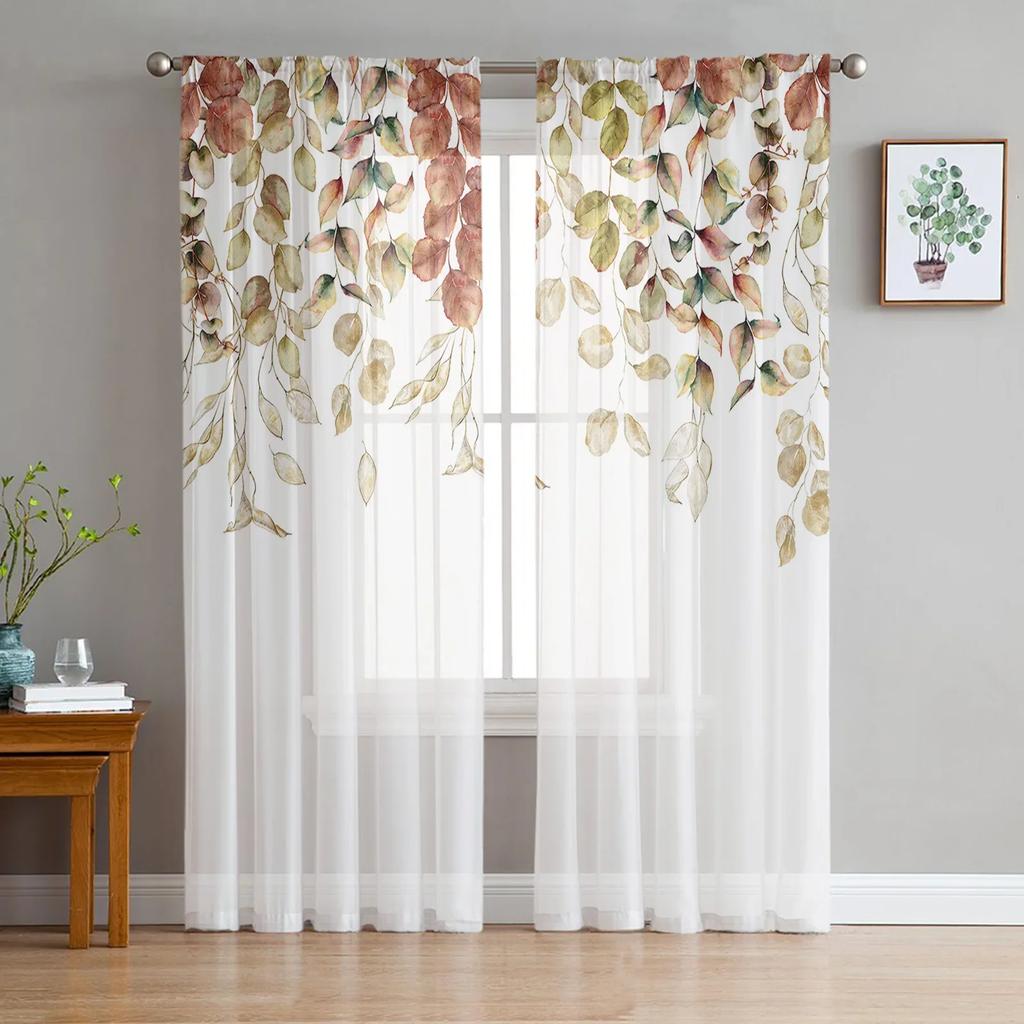 Thanksgiving Autumn Spring Season Leave Light Voile Curtains Perfect for Bed Chamber Soft Tulle Window Panel Curtain Perfect for Living Room Sheer