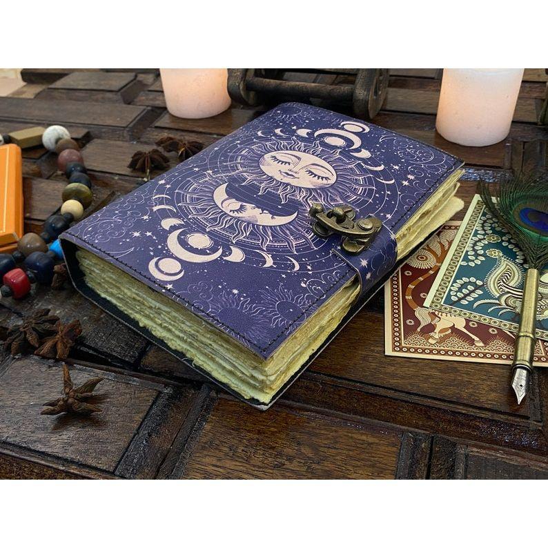 Leather Journal Sun and Moon Phase Notebook spell book of Shadows Grimoire journal Handmade Journal With Deckle Edge Paper Brass C lock
