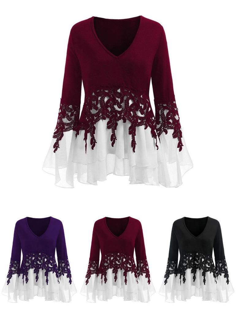 Elegant Women Ladies Long Sleeve V Neck Patchwork Tunic Tops For Casual Comfort