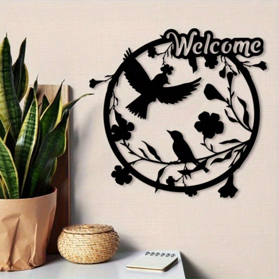 Vintage Welcome Birds Tree Metal Wall Art Rust Resistant Circular Silhouette with Florals Home Decor Patio Living Room Bedroom