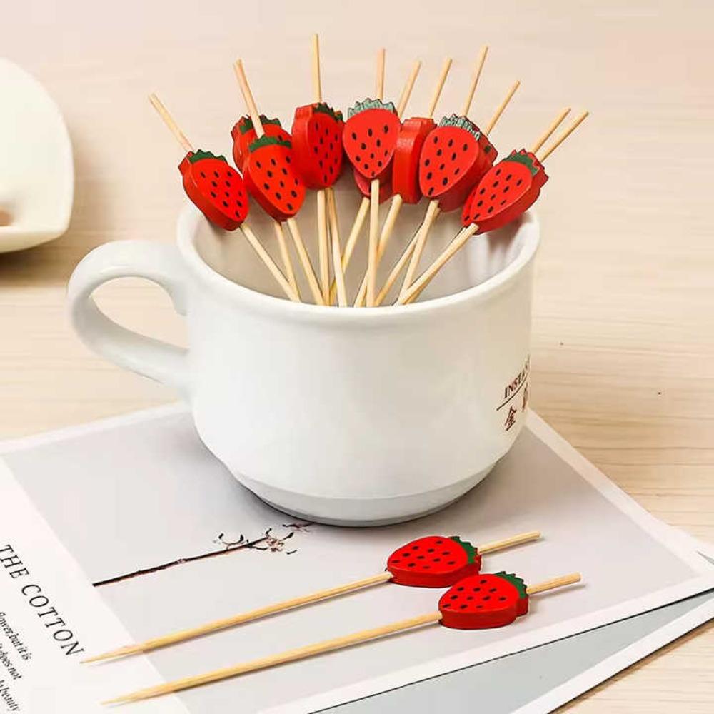 100Pcs Disposable  Colorful Strawberrie Watermelon Bamboo  Picks Buffet Food Fruit Forks For Wedding Birthday Party Decor