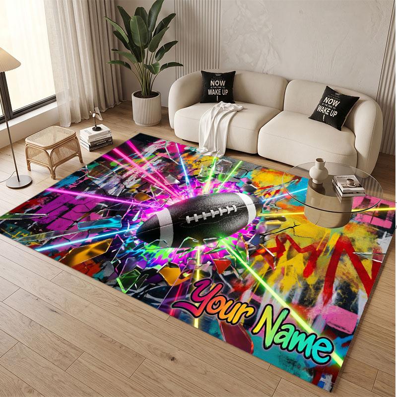 American Football Theme Soft Crystal Velvet Rug Custom Name & Text Print Non Slip Floor Rug for Bedroom Living Room