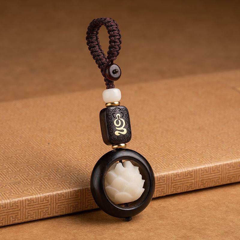 Lotus Rotating Keychain, Sandalwood Carved Lotus Pendant with Braided Rope,Lucky Charm
