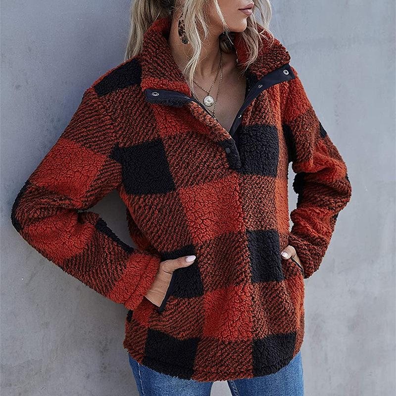 VEZFAA Women's Fashion Casual Plaid Print Spring Fall Long Sleeve POLO Neck Pullovers & Long Sleeves