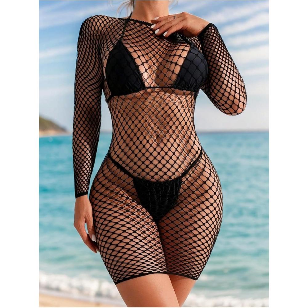 Women'S Hollow Out Fishnet Cover Up Long Sleeve Sheer Mesh Beach Dress Coverups High Strecth Bodycon Dress Summer Dress