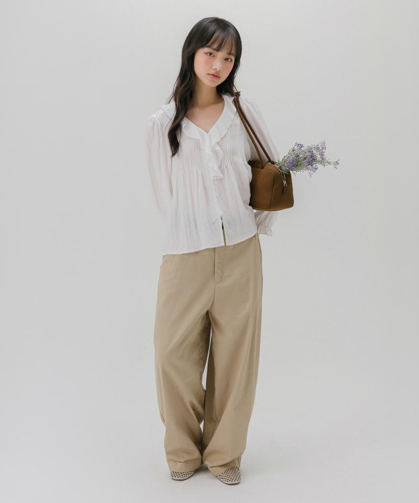 Mellotoli Frill Neck Pintuck Blouse (White)