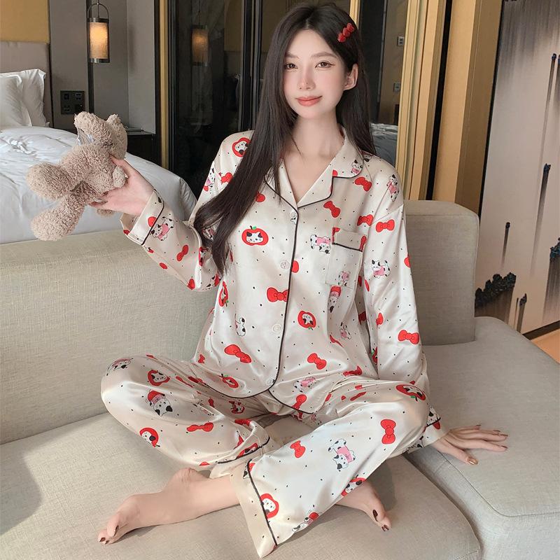 Ice Silk Pajamas Women'S Spring And Summer Thin Long-Sleeved Trousers Fashion Cool Cardigan Loungewear Suit Can Be Worn Outside