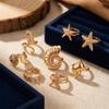 7Pcs Ocean Ring Set for Women Golden-Tone Stackable Starfish Seahorse Conch Faux Pearl Beach Vacation Resort Jewelry