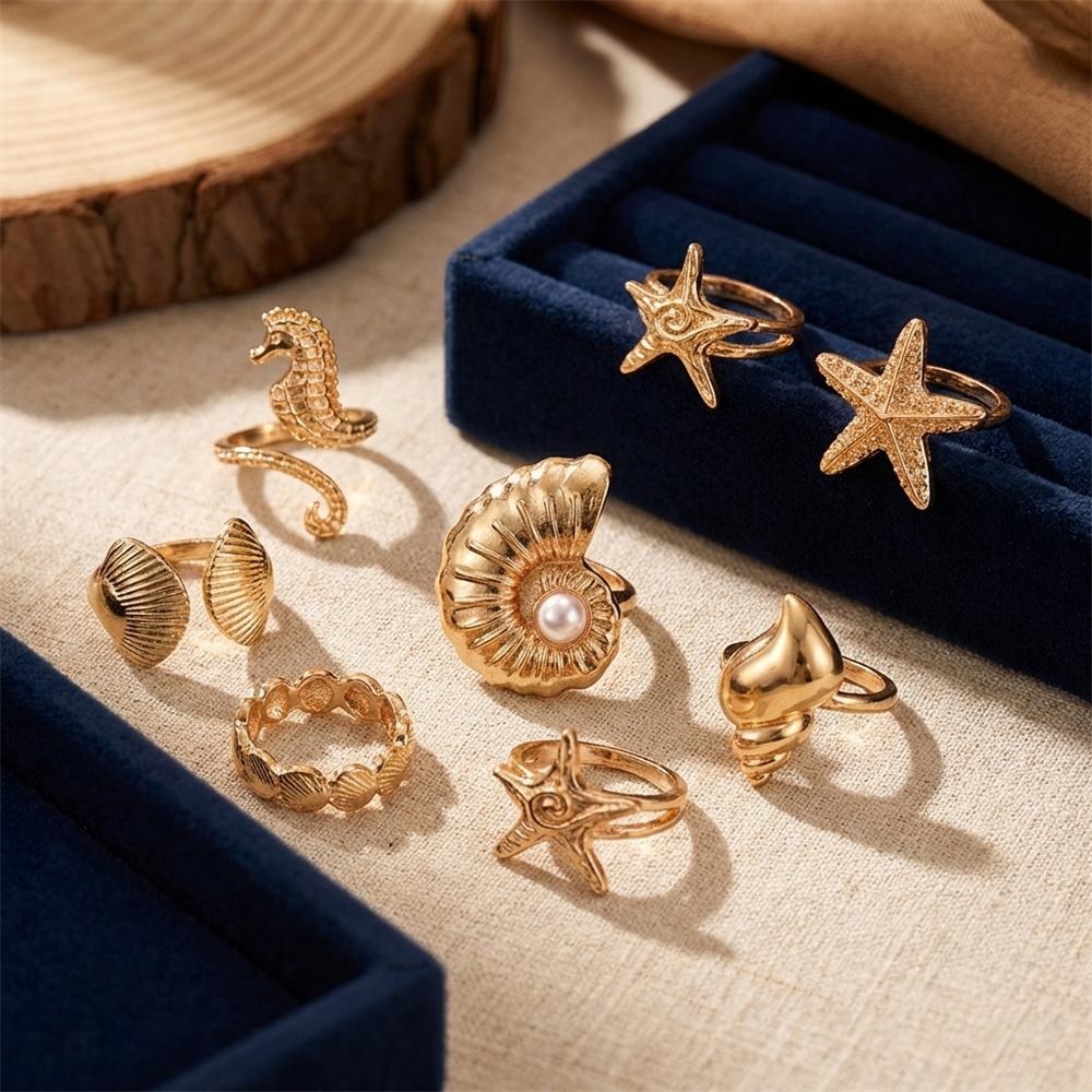 7Pcs Ocean Ring Set for Women Golden-Tone Stackable Starfish Seahorse Conch Faux Pearl Beach Vacation Resort Jewelry