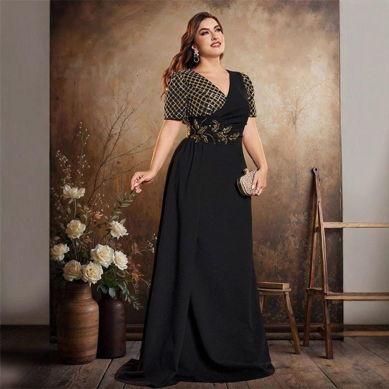 European and American Amazon Plus-Size Sequin Embroidered Patchwork V-Neck Short-Sleeve Elegant Evening Party Ball Gown Dress