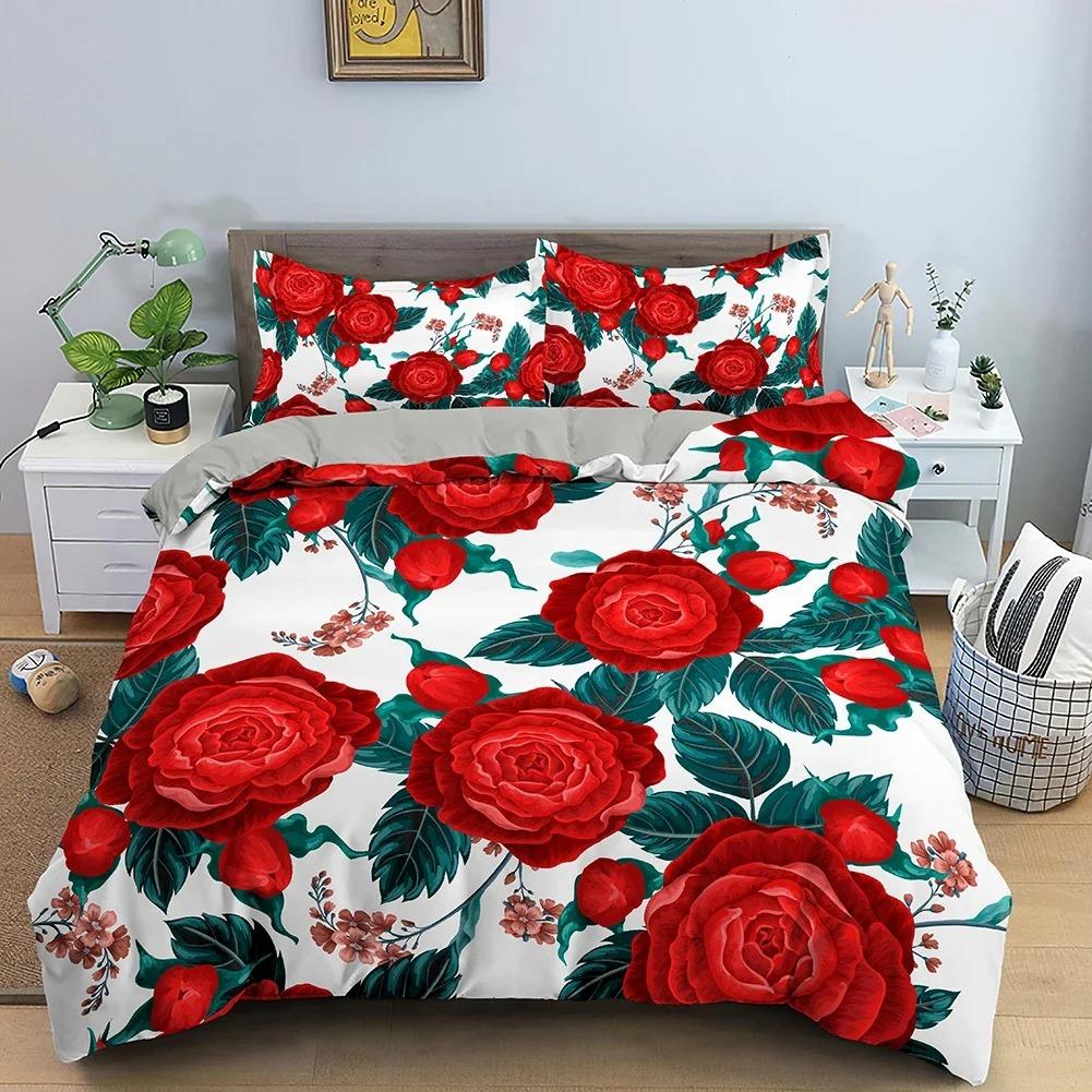 3D Rose Flower Duvet Cover King Size 210x210cm Polyester Bedding Set 23pcs with Zipper Closure