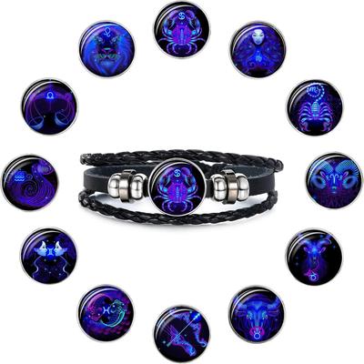 12 Sternbild Armband Tierkreiszeichen Sternbild Armband Tierkreiszeichen Schutzengel Fluoreszierend Geflochtenes Lederarmband für Damen Herren Schmuck