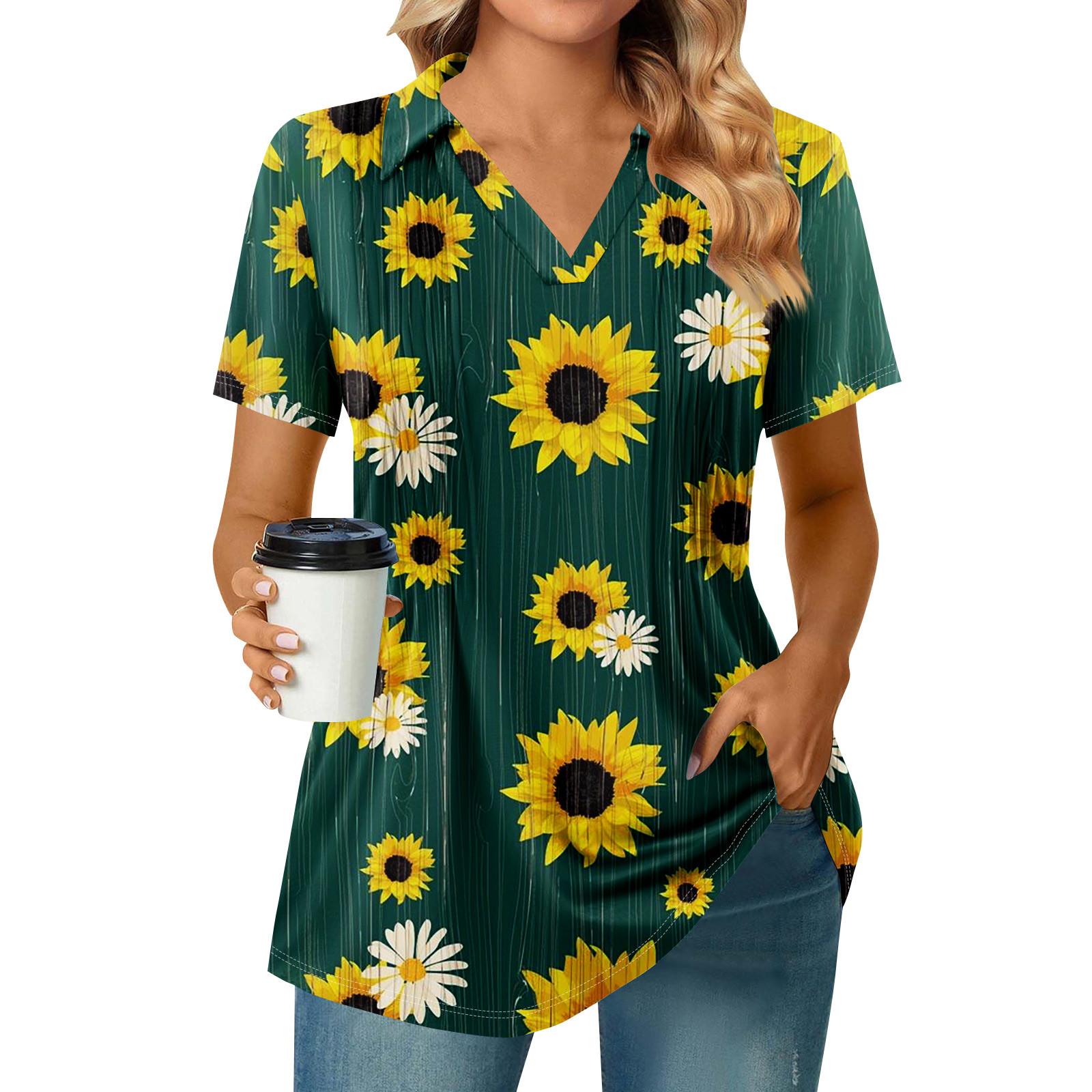 

Женская плиссированная футболка с V-образным вырезом и короткими рукавами с принтом подсолнухов, повседневная деловая рубашка XL жёлтый