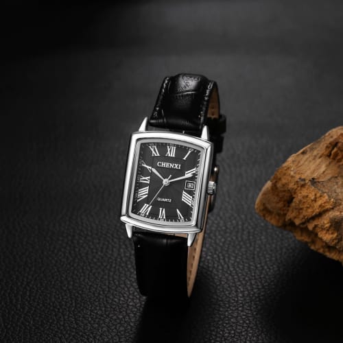 Women's Square Watch with Leather Strap: Couple's Watch with Roman Numerals, Date Display, Analog Quartz Movement, Waterproof Watch with Easy-to-Read