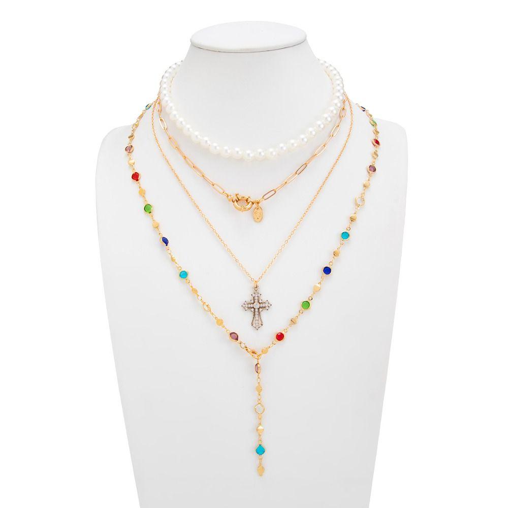 Pearl Colored Rhinestone Necklace Cross Bohemian Style Necklace Gold Jewelry Sea Beach Jewelry