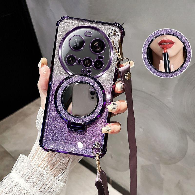 Crossbody Lanyard Shockproof Glitter Plating Magsafe Holder Case For Xiaomi 15 Ultra 14 14T 13 12 Pro Cover