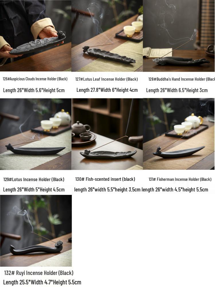 Black Pottery Lotus Leaf & Flower Ceramic Incense Holder - Creative Ruyi Buddha Design for Home Decor