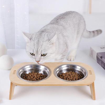 New Elevated Cat Bowls Pet Feeder 15° Tilted Raised Cat Food Bowls With Wooden Stand Stainless Steel Bowls For Cats And Puppy