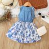 Middle and Small Children's Summer Girl Denim Patchwork Printed Vest Dress