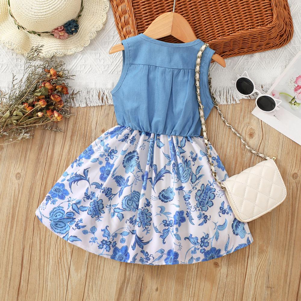 Middle and Small Children's Summer Girl Denim Patchwork Printed Vest Dress