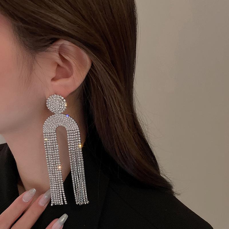 S925 Silver Needle Inlaid Diamond Long Tassel Earrings - Exaggerated European & American Style for Autumn/Winter Evenings