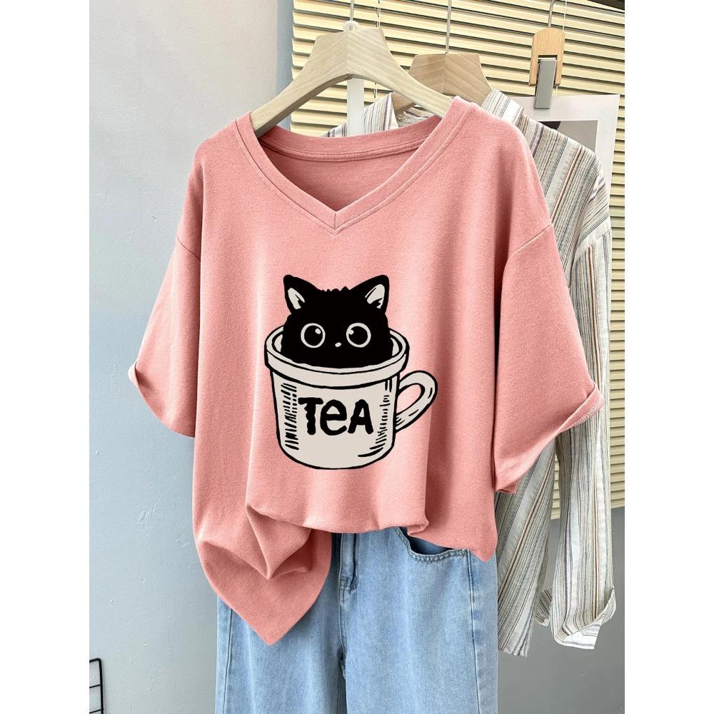 Plus Size 6XL 150KG Summer Cat Print Women's T-shirt Short Sleeve V Neck Lady Tops Big Large Size T Shirt Woman Clothing