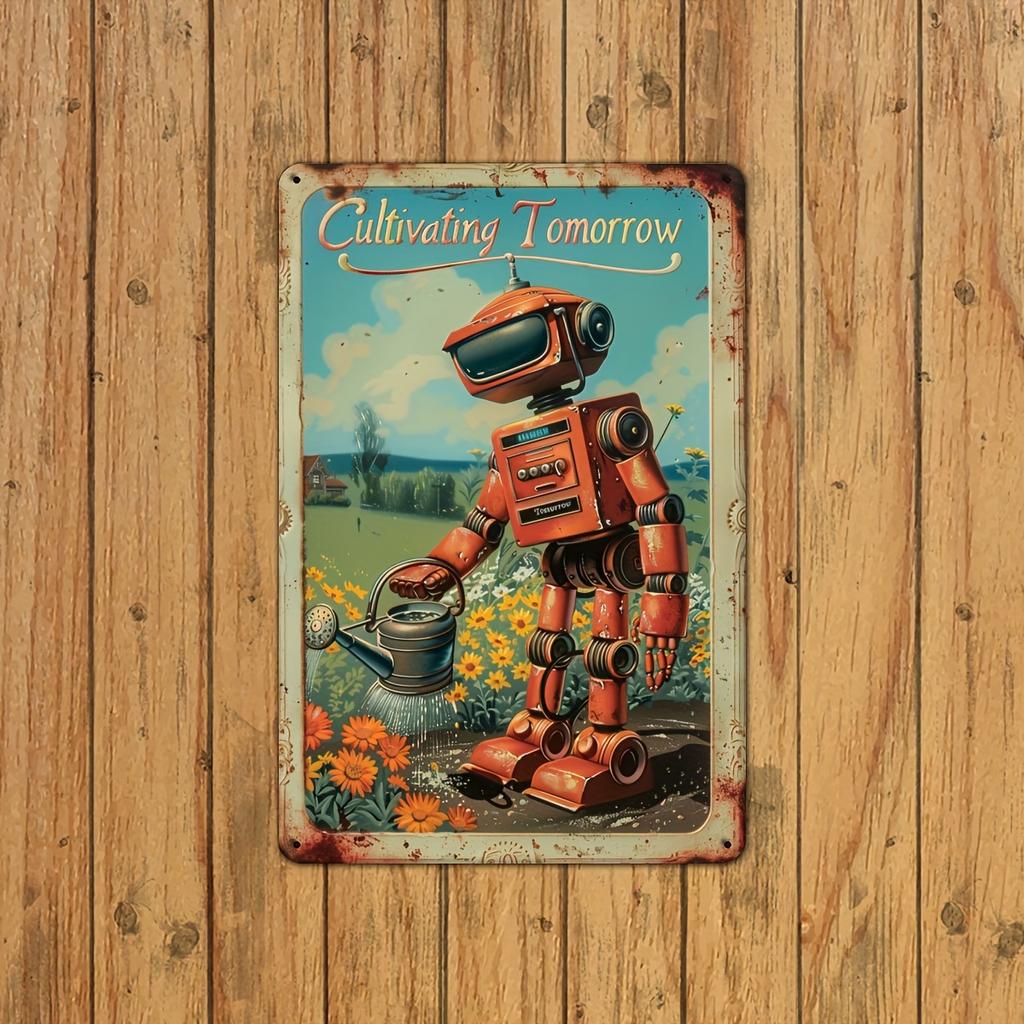 [2D Flat] Cultivate Tomorrow Vintage Metal Tin Sign, Fun Robots and Flowers Wall Art Decor, Gym Bar Cafe Garage Tin Painting, Re