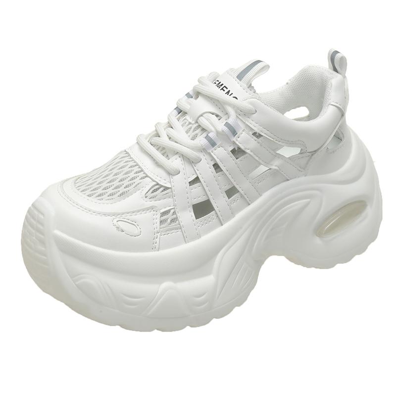 Fashion 7.5CM Breathable Hollow Leather Women Sandals Vulcanized Mesh Chunky Shoes Platform Shoes High Heels Casual Summer Sneakers