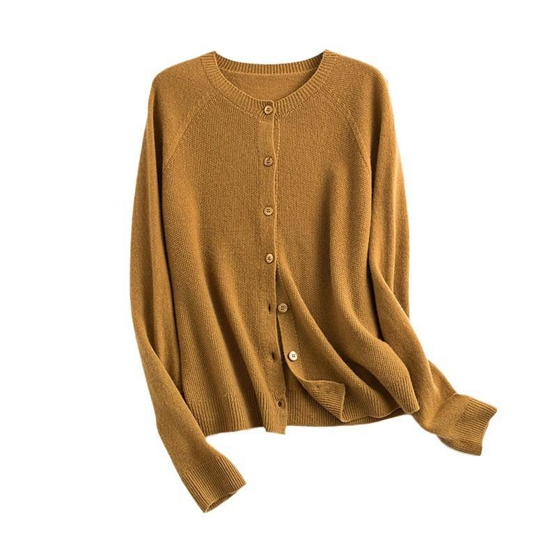 0 Wollstrickjacke Damen Rundhalsausschnitt nahtlos gestrickte Jacke lockerer Rückstrickpullover mit dünnen Herbst-Neuheiten