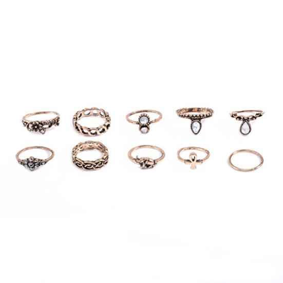 10Pcs Elephant Moon Flower Rhinestone Women Vintage Above Knuckle Midi Ring Set