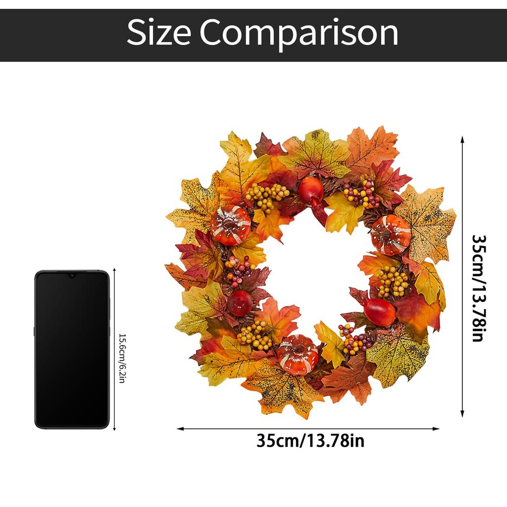14 Inch Fall Wreath Fall Decoration For Front Doors With Maple Leaves, Pumpkins And Berries Hanging From Indoor And Outdoor Wall