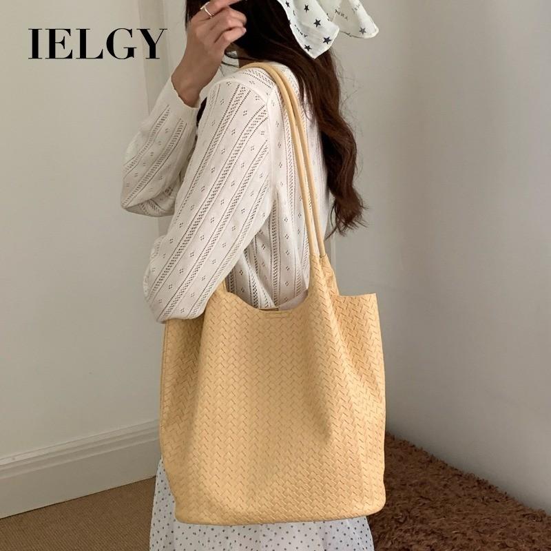 IELGY Large-Capacity Woven Tote Bag Lazy Commuter Portable One-Shoulder Bucket Bag