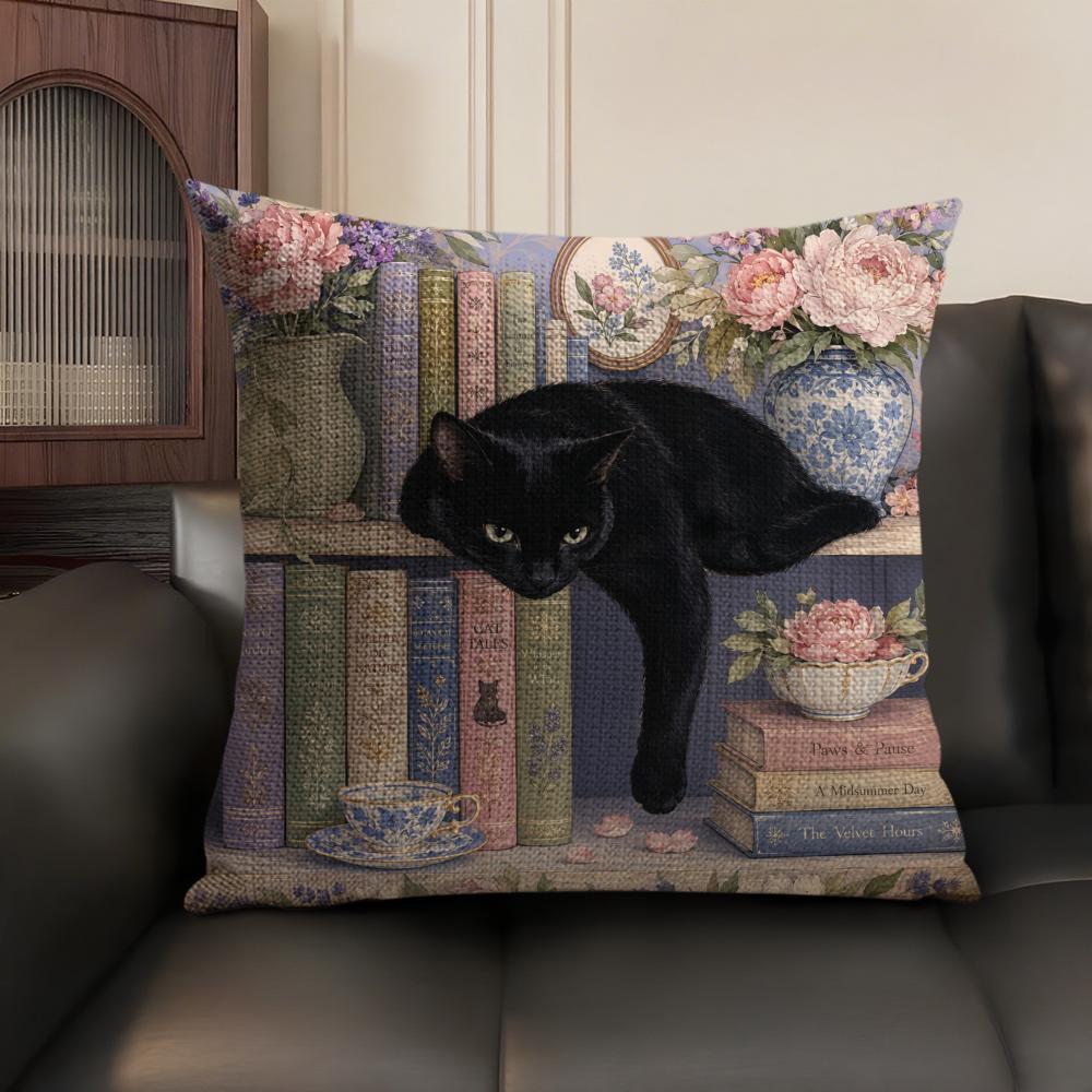 Black Cat Books Cushion Cover Linen Organic Fabric DoubleSided Printing Sofa Breathable Home Decor Gift Pillow Case